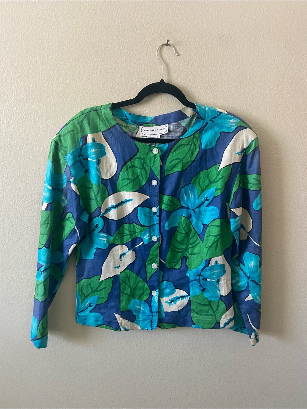 Adrienne Vittadini Blue Teal & Green Floral Buttoned Blouse